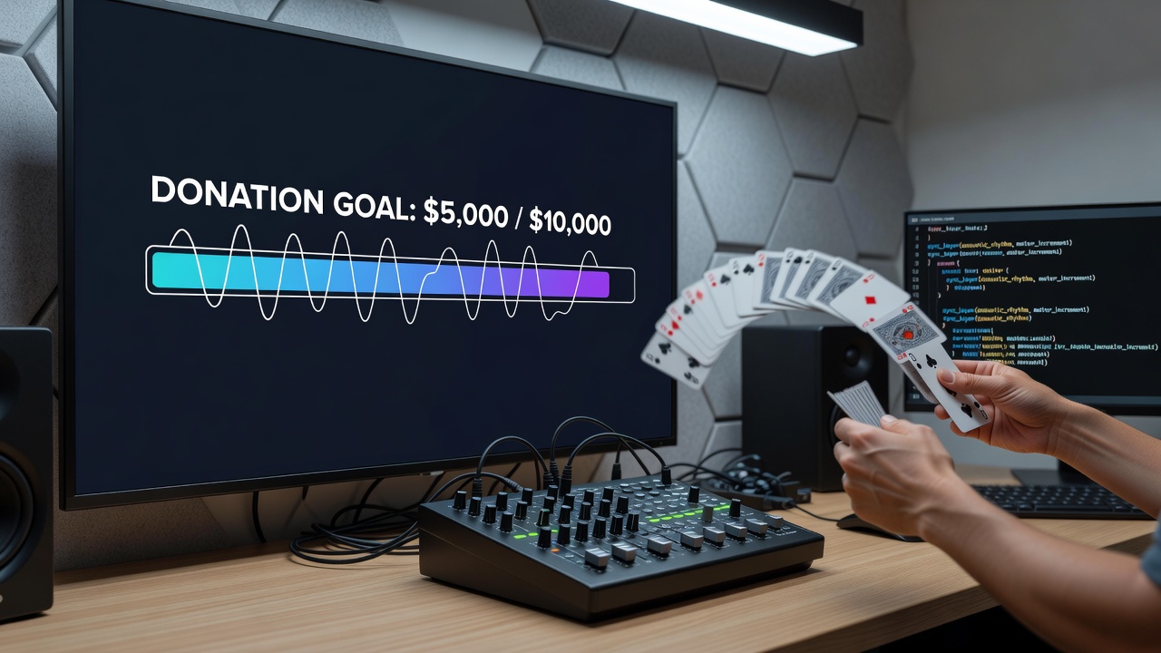 Close-up of donation goal meter integrated with acoustic sensors during a residential gaming fundraiser