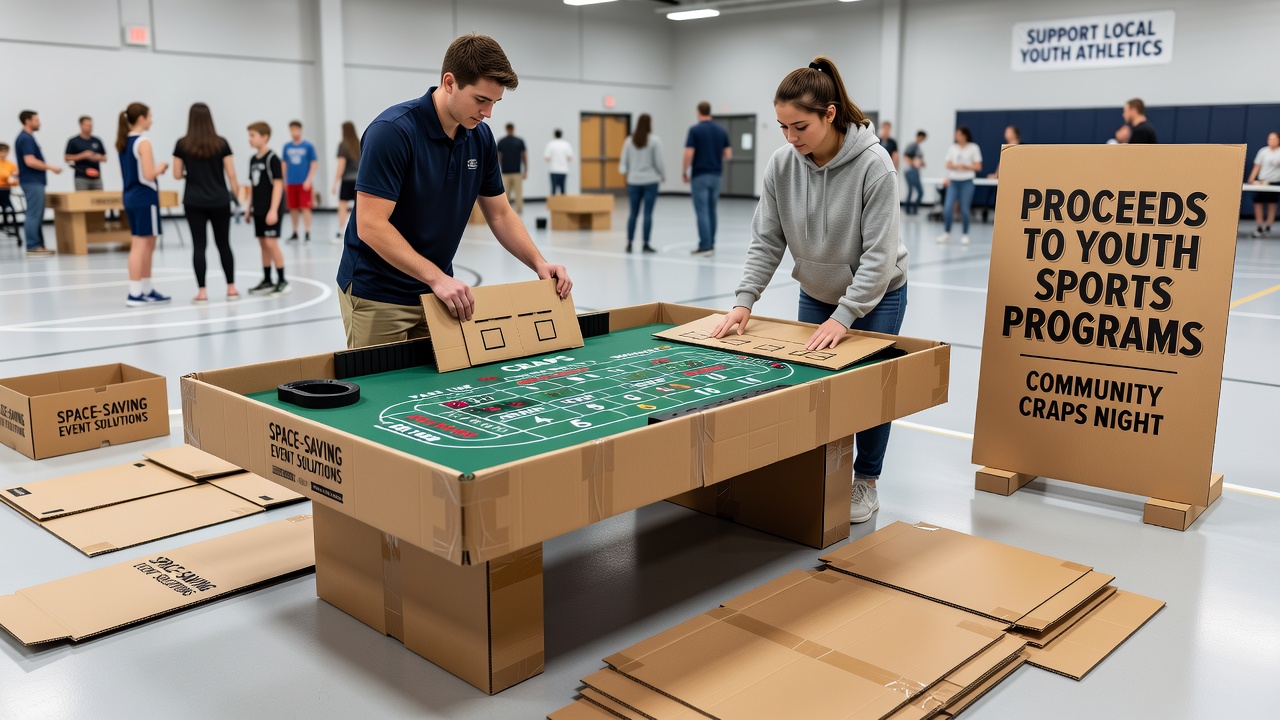 Cardboard craps layout partially assembled on a table with measuring tools and felt sections nearby
