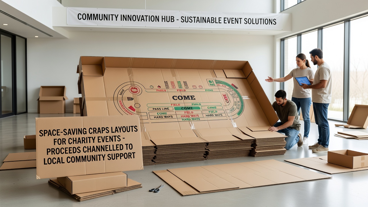 Folded cardboard craps layout stored vertically against a wall next to stacked chairs in a small community room