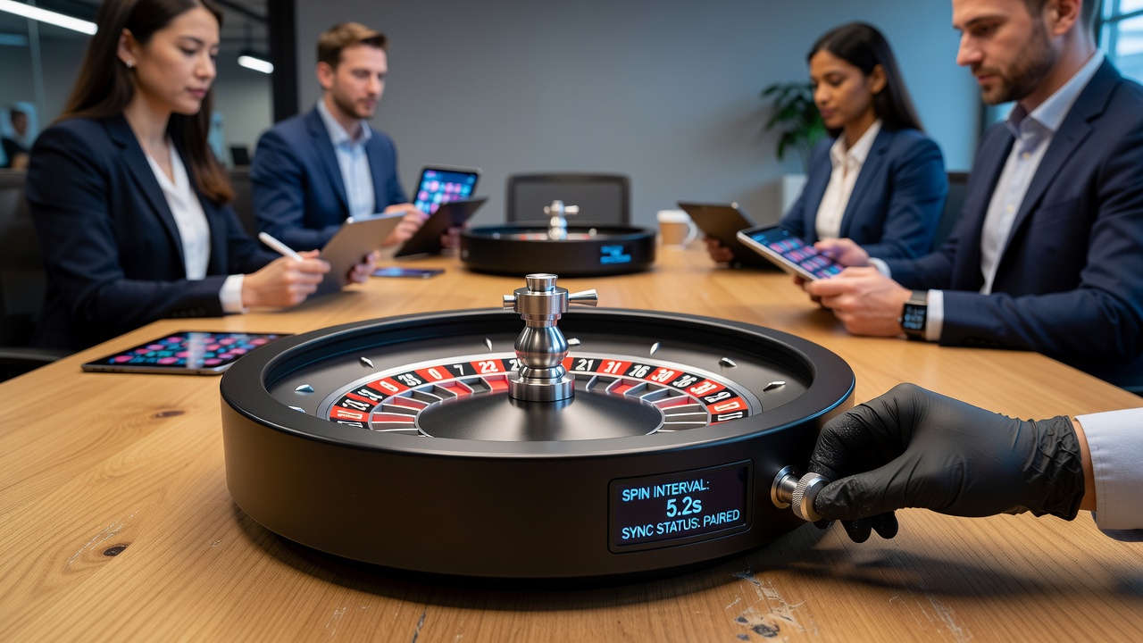 Multiple portable roulette tables operating in sync during a large-scale charity auction event