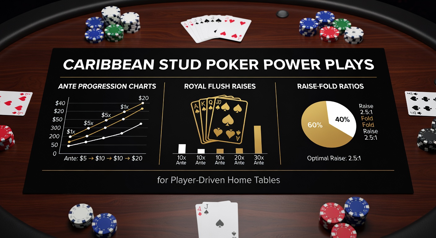 Home poker table setup with Caribbean Stud cards, chips, adn player-dealer position highlighted for casual game nights