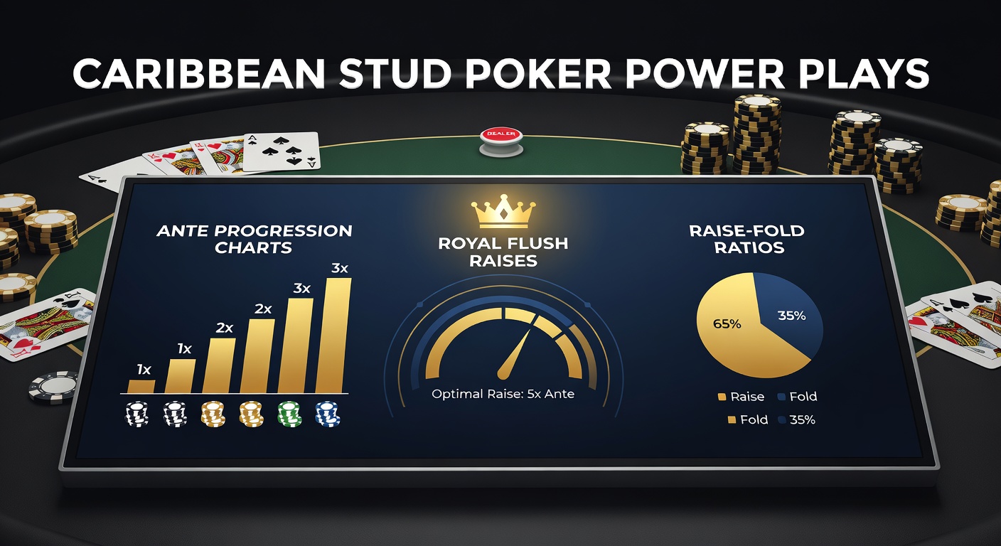 Close-up of Caribbean Stud hands showing royal flush potential and raise chips during a tense home game moment