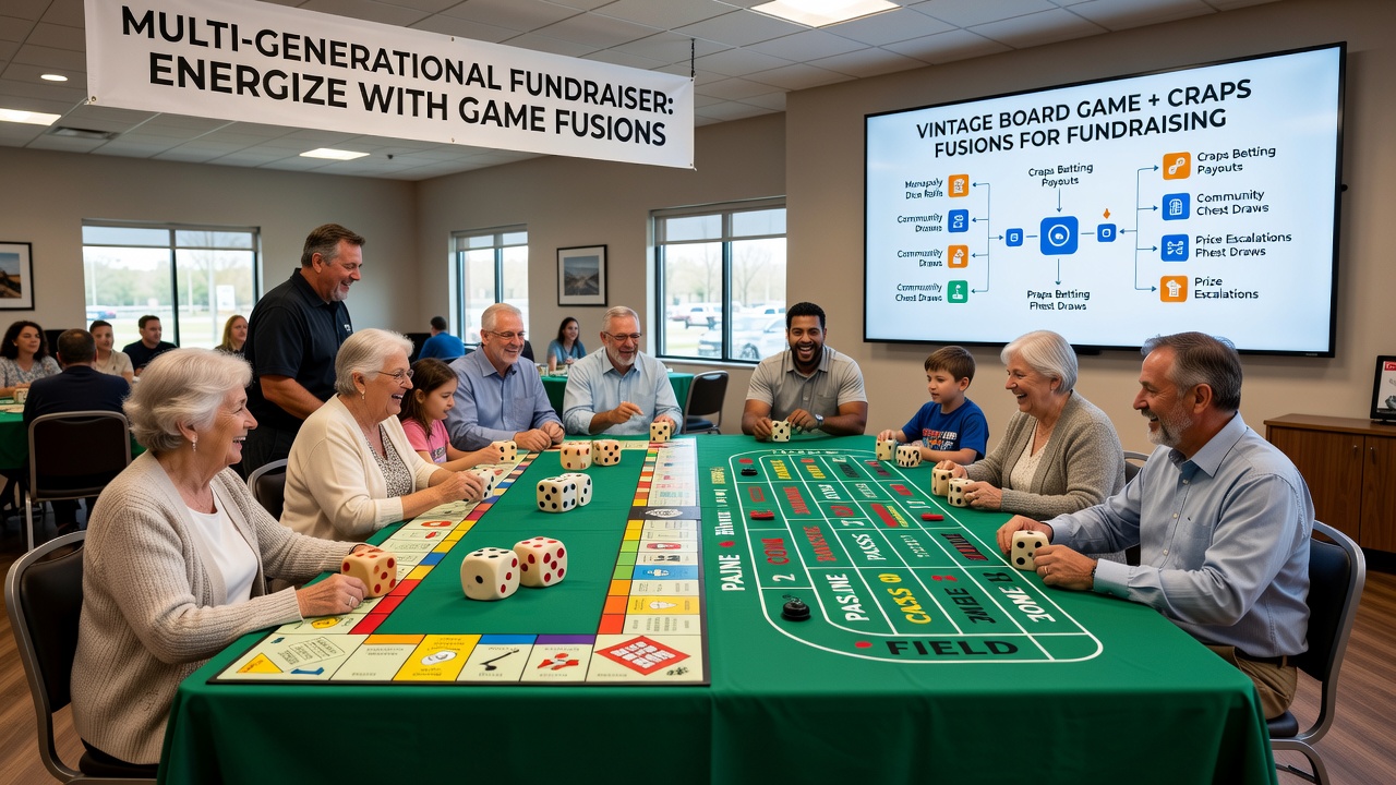 Multi-generational group gathered around a fused board game and craps table during an evening fundraiser at a brightly lit community hall