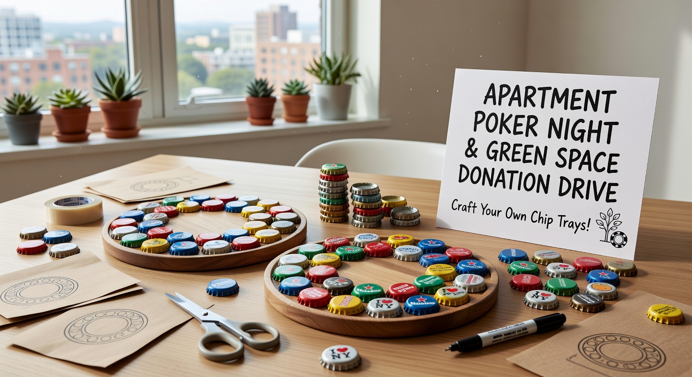 DIY magnetic chip trays made from bottle caps and kitchen magnets arranged on a poker table