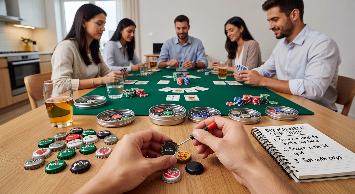 Poker night setup with magnetic chip trays and donation jar for urban parks