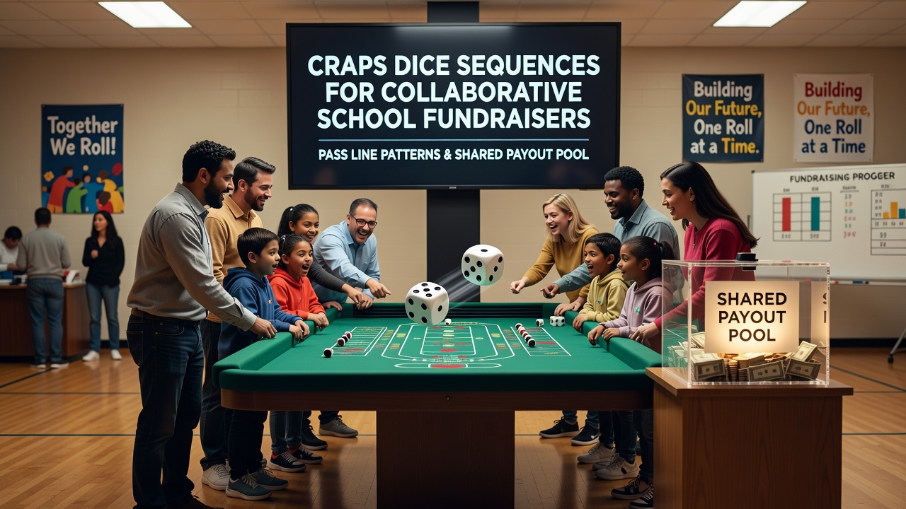 Group of volunteers and participants gathered around a craps table during a school fundraiser with shared payout pool announcements displayed
