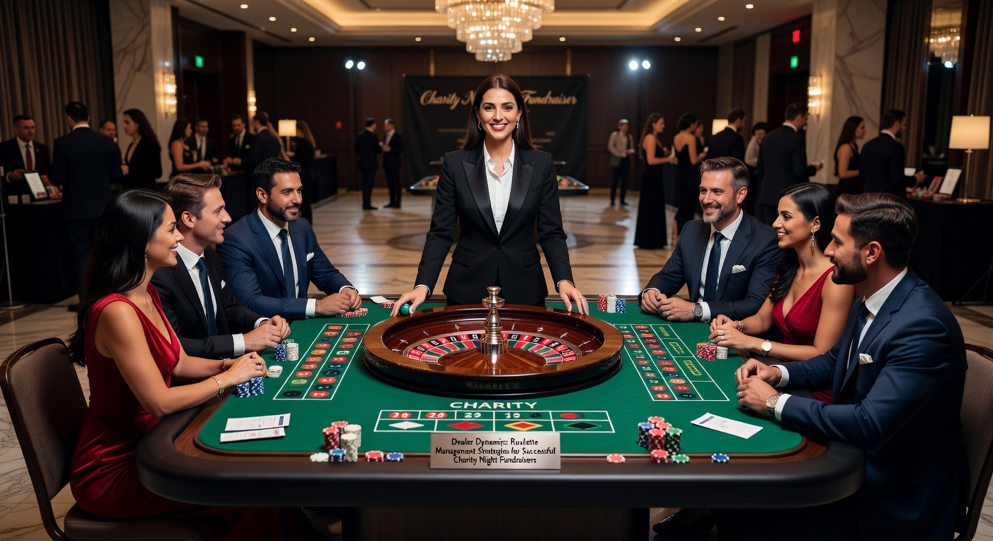 A professional dealer spinning the roulette wheel at a lively charity night event, surrounded by excited players placing bets