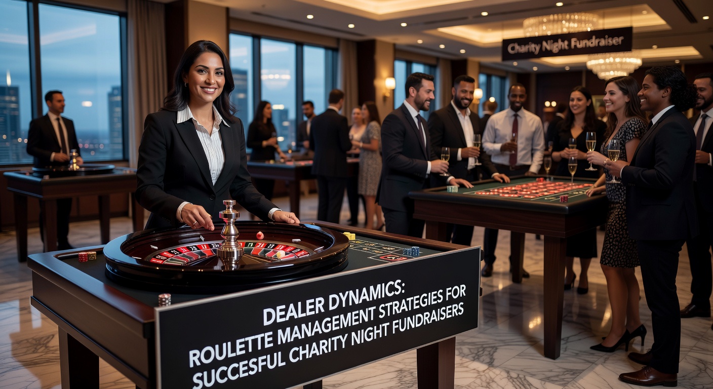 Close-up of dealers efficiently managing bets and payouts on a bustling roulette table during a charity fundraiser