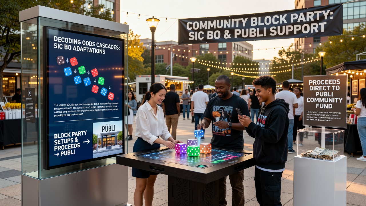Community block party Sic Bo table with shared betting pool indicators and park maintenance signage
