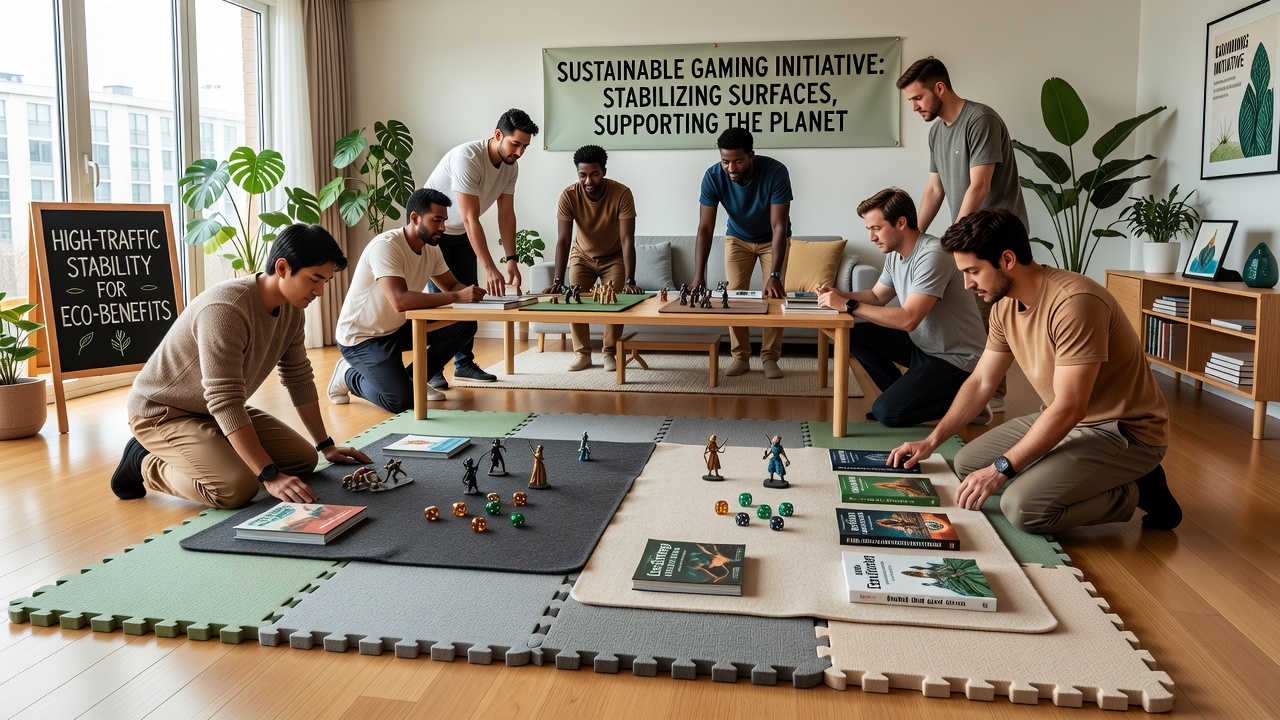 Interlocking foam mats laid out as a foundation beneath green felt gaming surfaces in an apartment setting