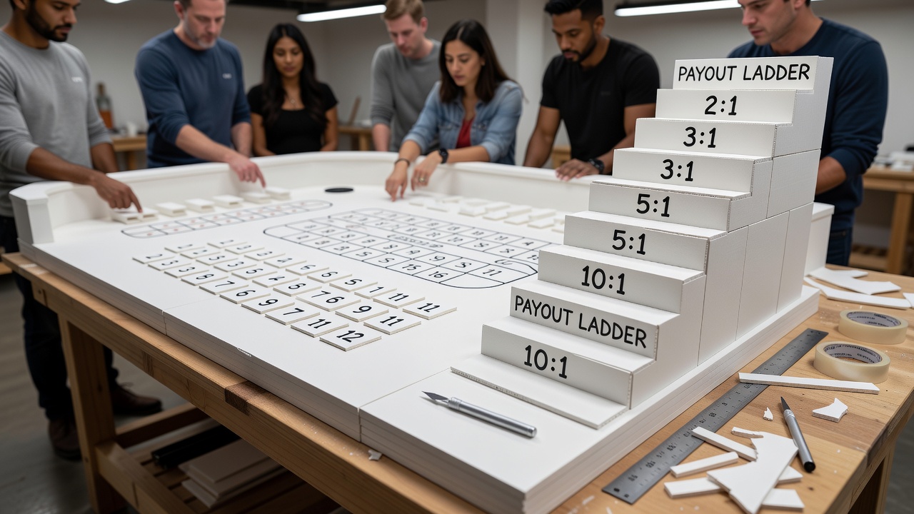 Completed foam core craps table showing integrated roll tracking grid and payout ladder display at a community event