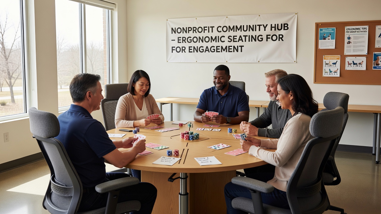 Nonprofit volunteers arranging ergonomic chairs and tables for a group card playing fundraiser event
