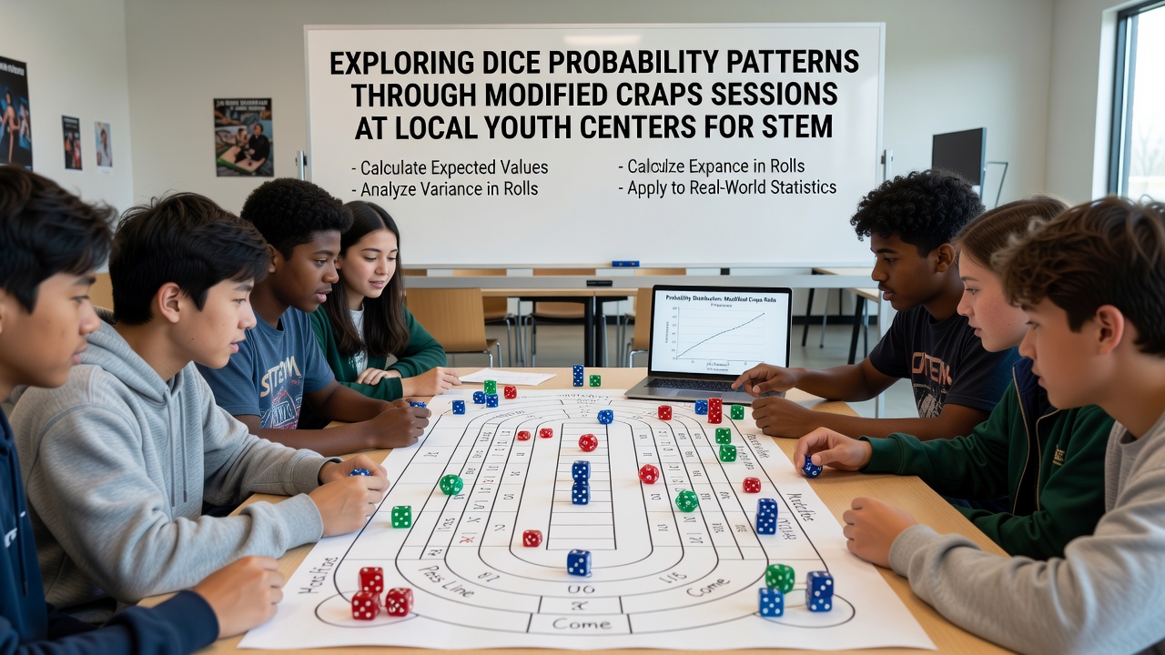 Group of students reviewing probability charts generated from dice roll data at a youth center event