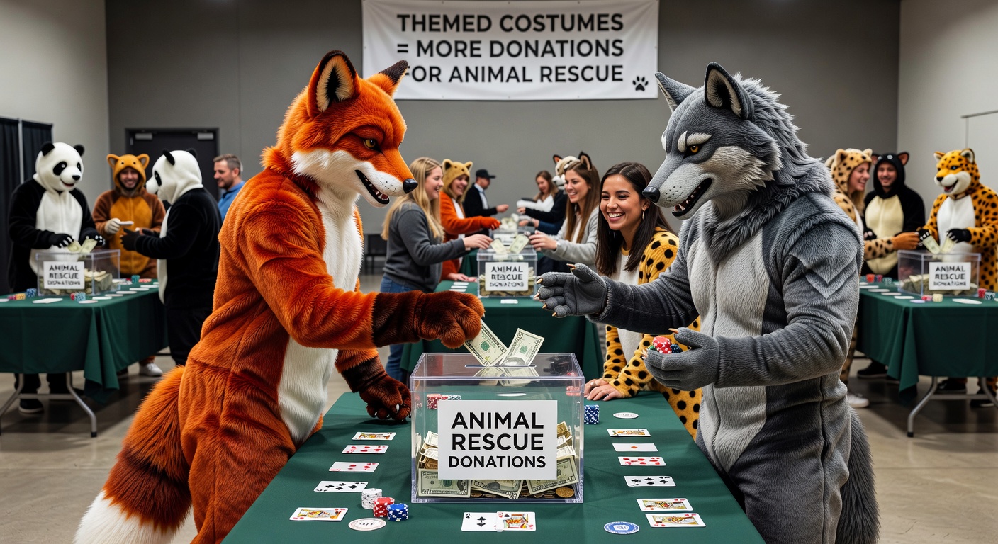 Participants at a multi-table casino night wearing animal-themed costumes while playing poker and blackjack for charity donations