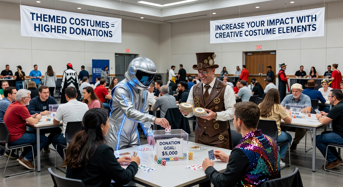Group of gamers in coordinated animal rescue costumes gathered around a blackjack table during a charity multi-table tournament