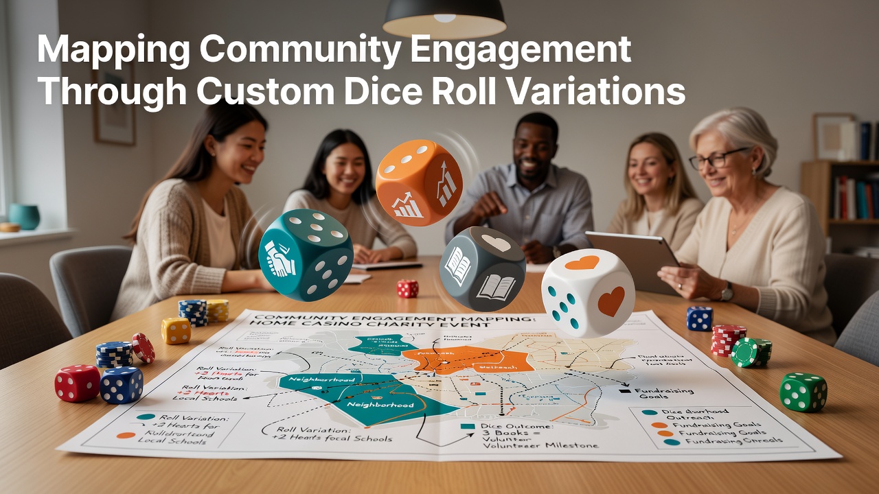 Home charity casino event setup with custom dice and participant engagement tracking tools