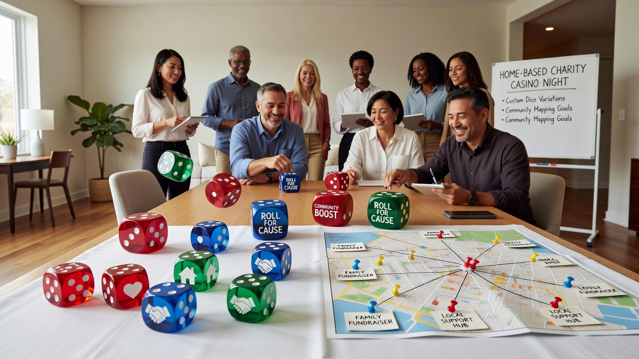 Participants engaging with custom dice at a charity casino night with tracking charts visible