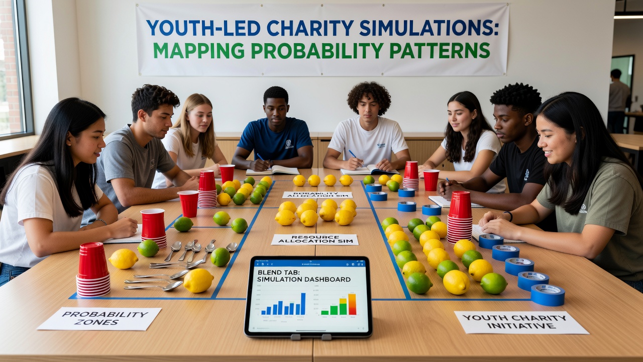 Group of teens using bottle caps and paper clips on a marked surface to demonstrate probability distributions at a charity fundraiser simulation