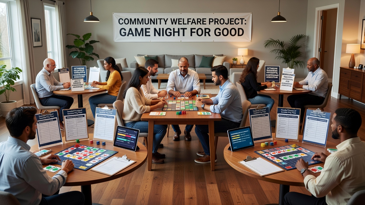 Clustered gaming tables arranged in a compact residential space with players transitioning between zones during a charity event