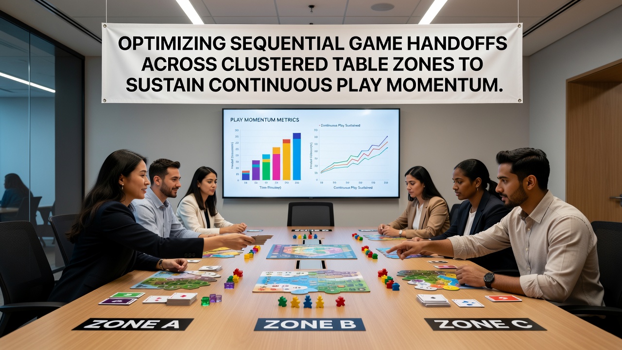 Players moving between table clusters during a handoff at a residential fundraiser with visible zone markers and timers