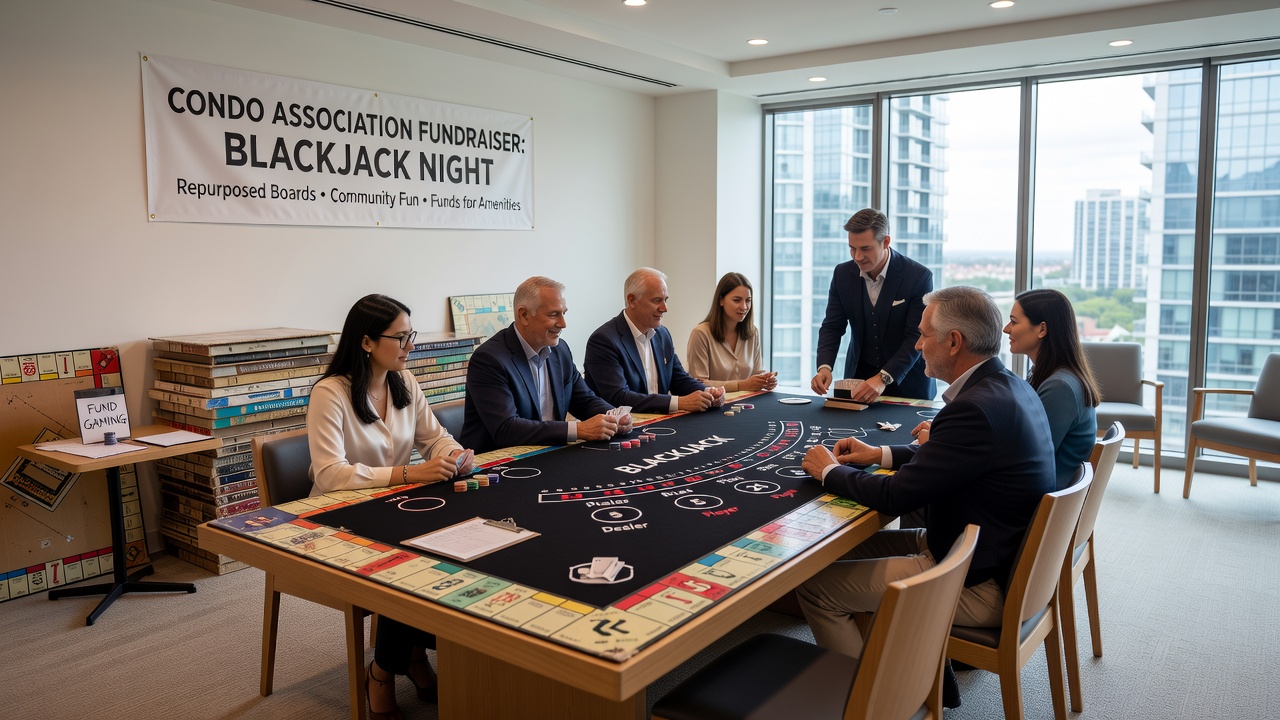 Completed blackjack surface made from repurposed board game materials set up at a condo community event
