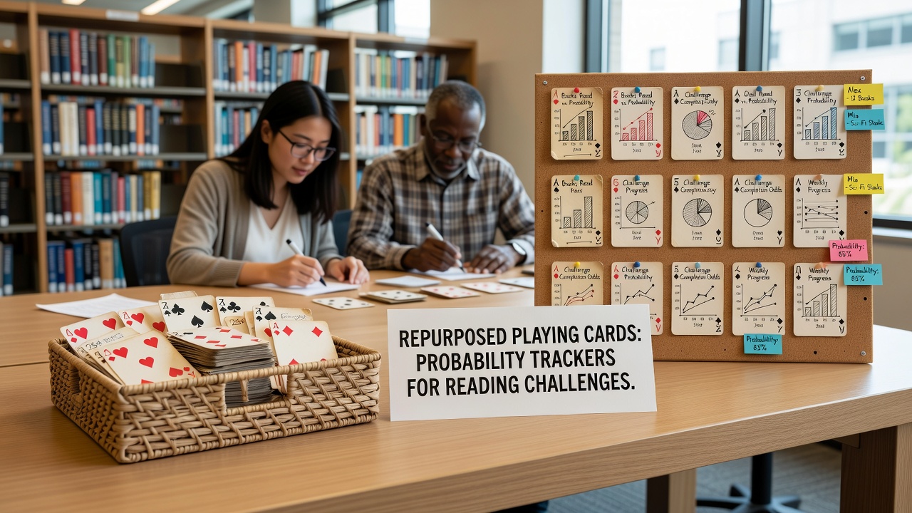 Close-up of marked playing cards used as probability trackers next to stacks of newly acquired library books