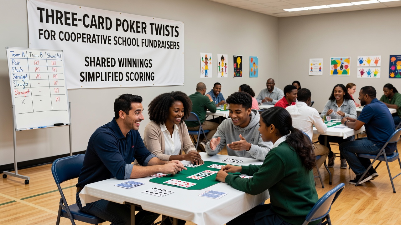 Close-up of simplified three-card poker scoring chart used at a school event showing shared winnings distribution