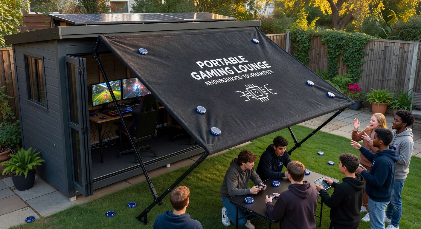 Garden shed converted into a portable gaming lounge featuring foldable felt overlays on tables and wireless chip tracking systems for neighborhood poker tournaments