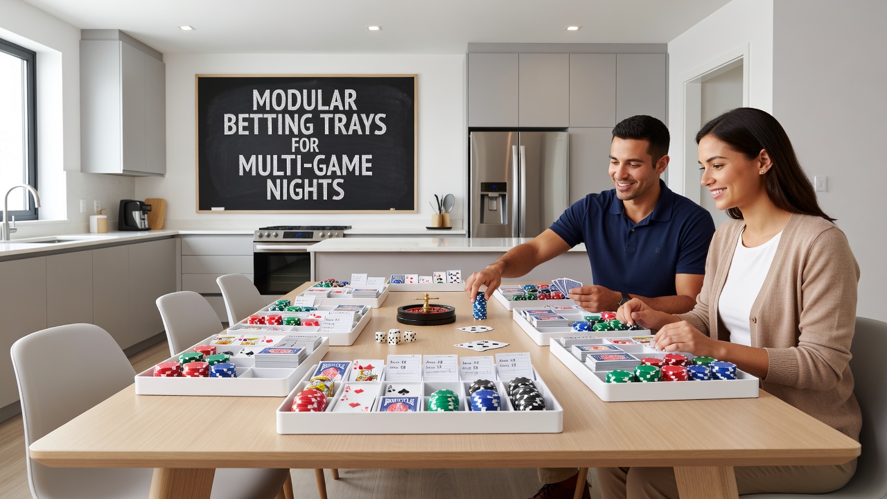 Close-up of modular betting tray sections showing donation tracking labels and chip organization for multi-game community events