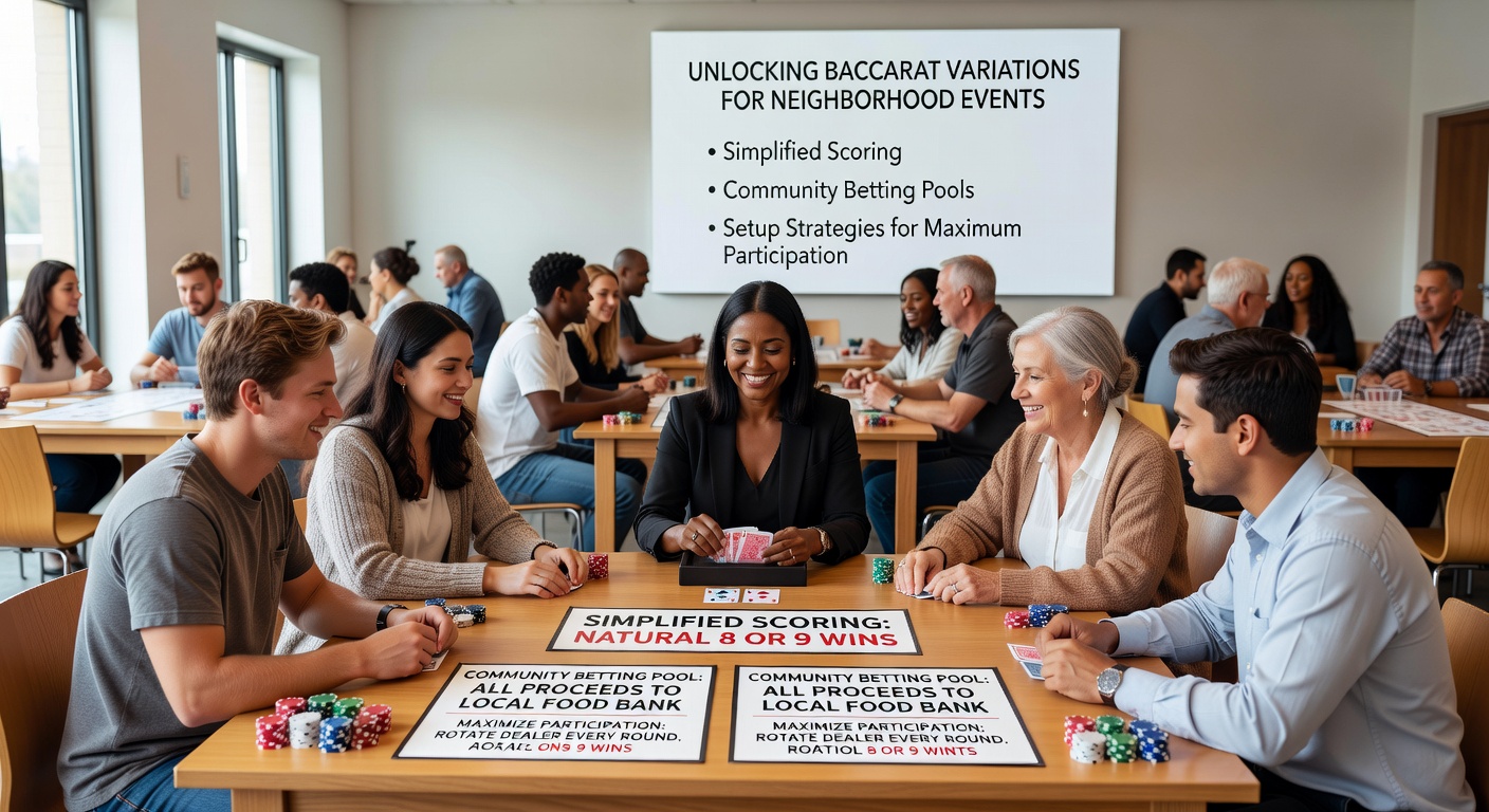 Baccarat table setup for neighborhood charity event with community betting pools