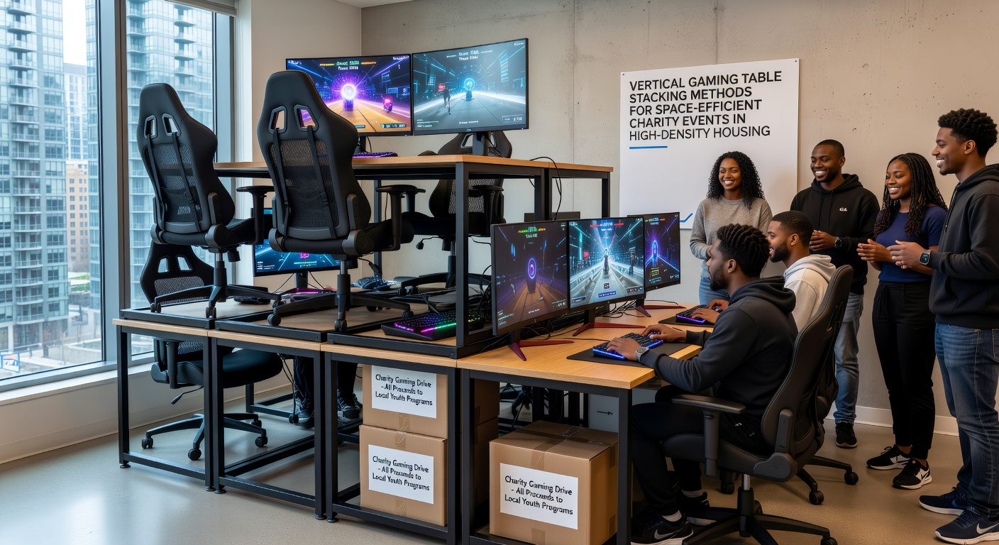Vertical stacking setup showing gaming tables arranged upright against apartment walls during a charity fundraiser